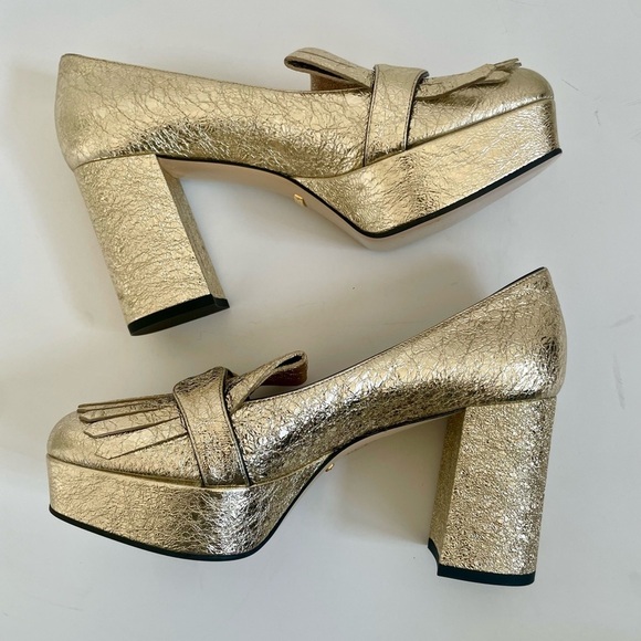 Gucci Metallic Gold Marmont GG Platform Platino Fringe Logo Block Heel pumps 38 - Picture 4 of 13